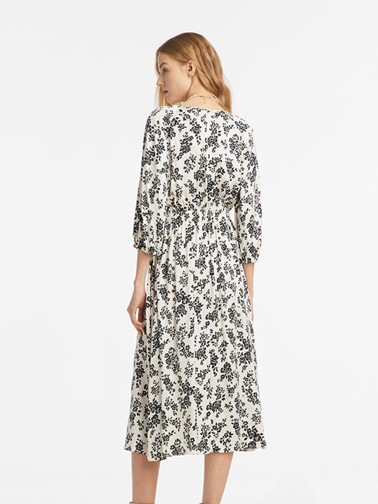 Camellia Print Gathered Waist Women Midi Dress Product Image