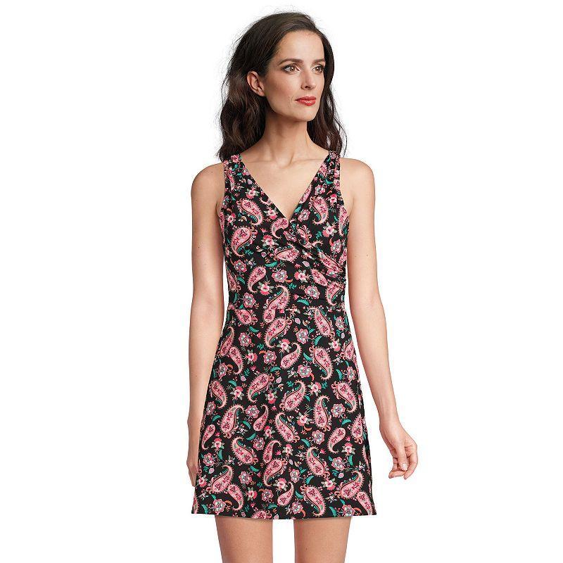 Petite Lands' End UPF 50 Tummy Control Surplice One-Piece Swim Dress, Women's, Size: 2 Petite, Black Product Image