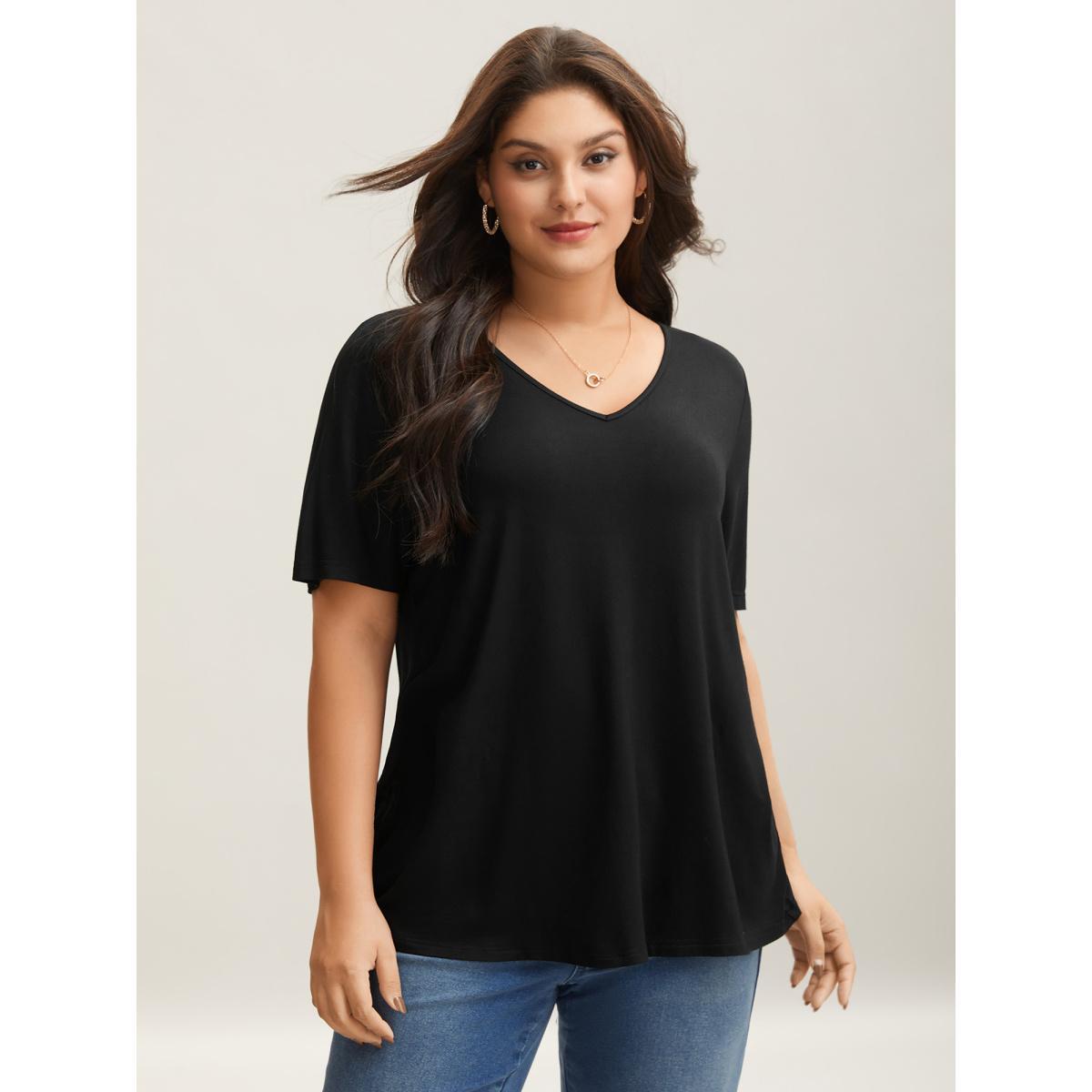 Plus Size Back Lace Cut-Out V-Neck T-Shirt Black Women Elegant Patchwork V-neck Everyday T-shirts BloomChic 14-16/1X Product Image