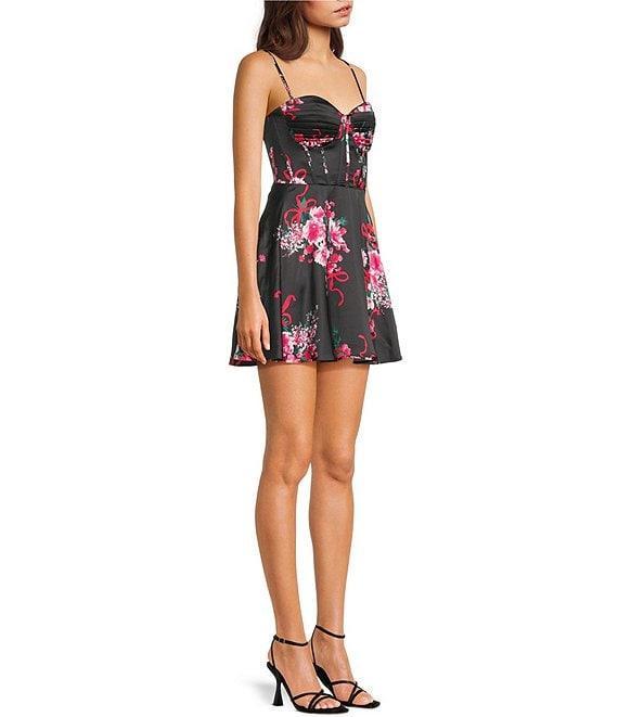 B. Darlin Floral Print Pleated Bustier Lace Up Back Skater Dress Product Image