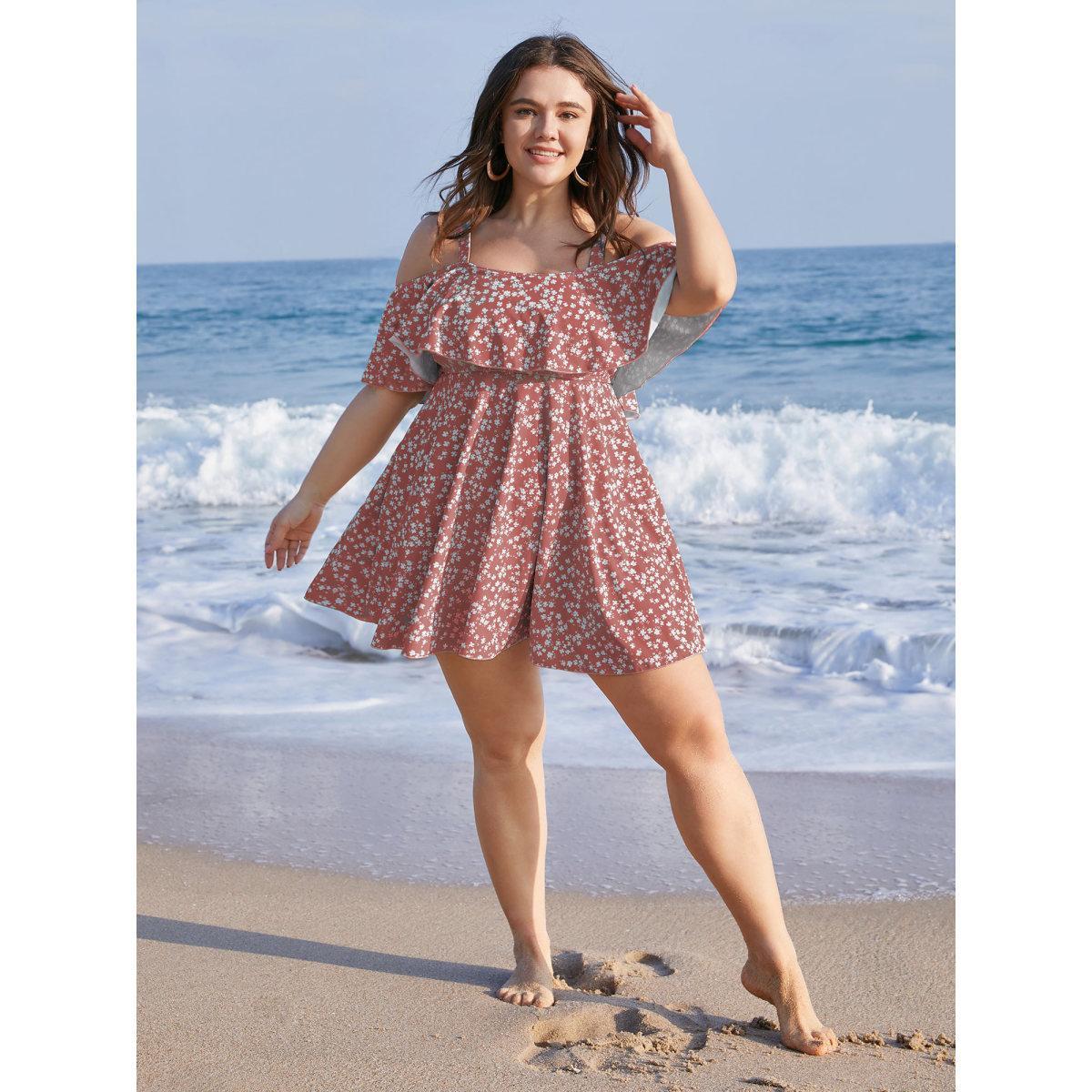 Plus Size Ditsy Floral Cold Shoulder Sculpt Waist Ruffles Swim Dress Women's Swimwear Salmon Beach Bodycon One-shoulder neck High stretch Curve Swim Dresses BloomChic 28/5X Product Image