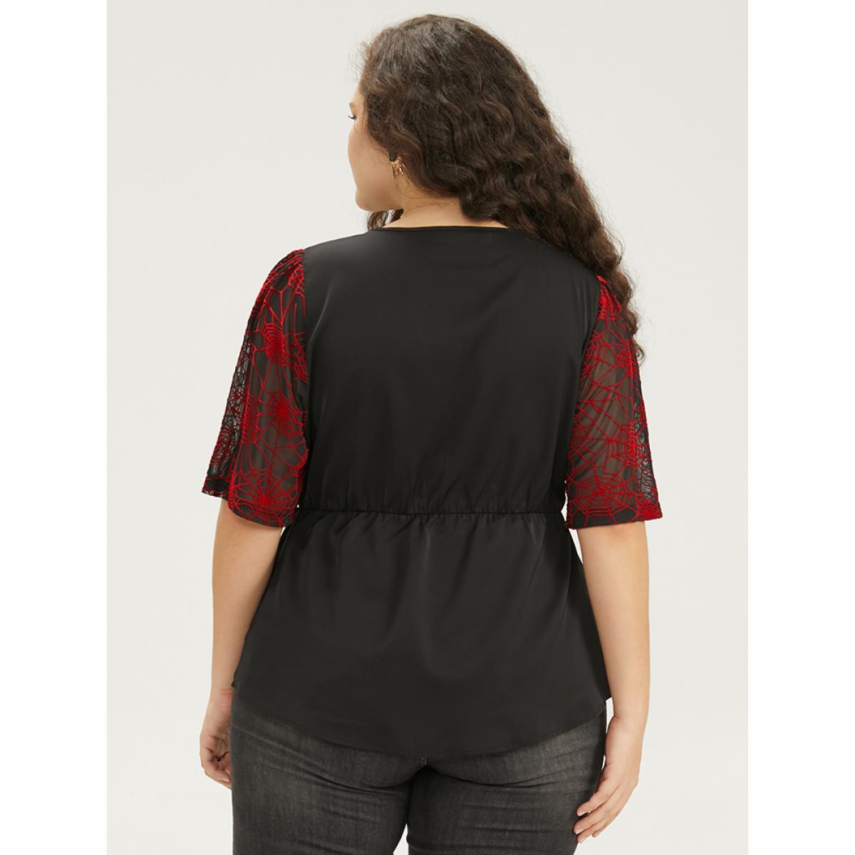 Plus Size Black Halloween Spider Web Mesh Patchwork Elastic Waist Blouse Women Office Short sleeve V-neck Festival-Halloween Blouses BloomChic 26/4X Product Image