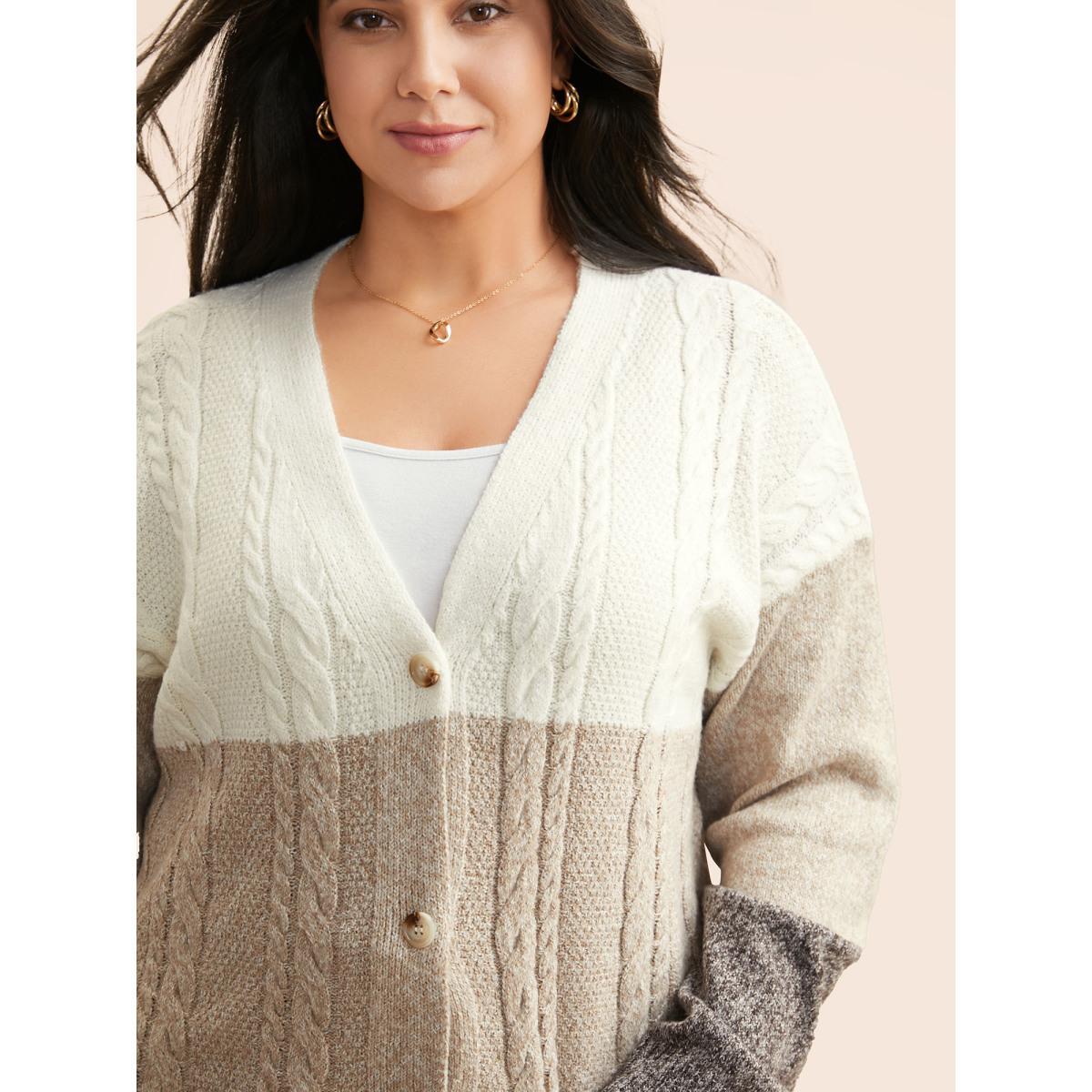Plus Size Colorblock Contrast Cable Knit Cardigan Browncoffeecolor Women Casual Loose Long Sleeve Everyday Cardigans BloomChic 18-20/2X Product Image