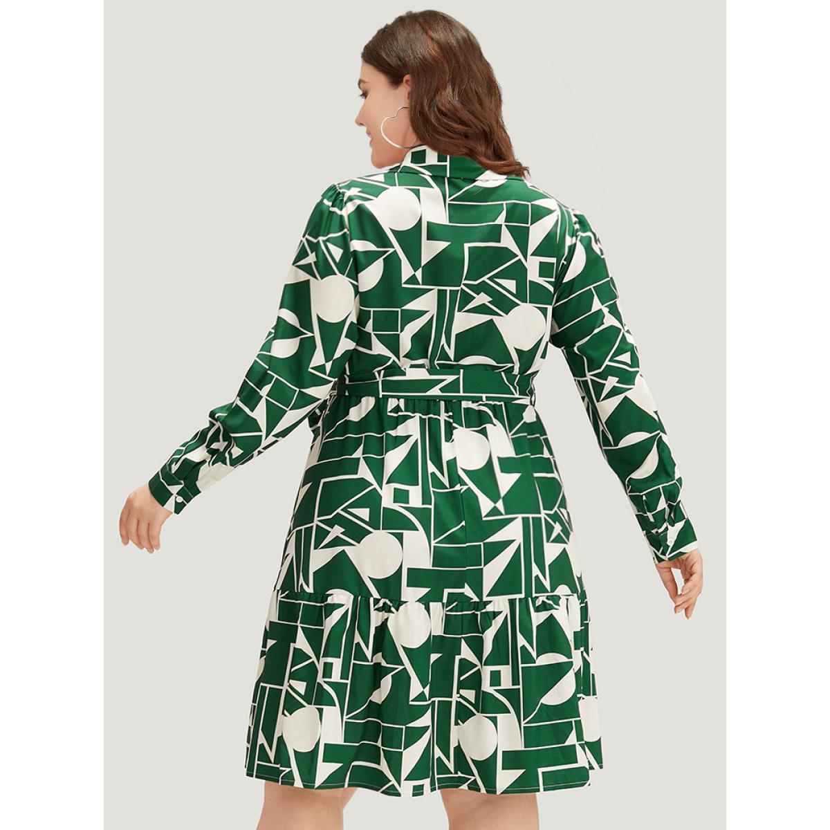 Plus Size Geometric Shirt Collar Belted Pocket Flutter Dress Green Women Office Belted Shirt collar Long Sleeve Curvy Midi Dress BloomChic 12/L Product Image