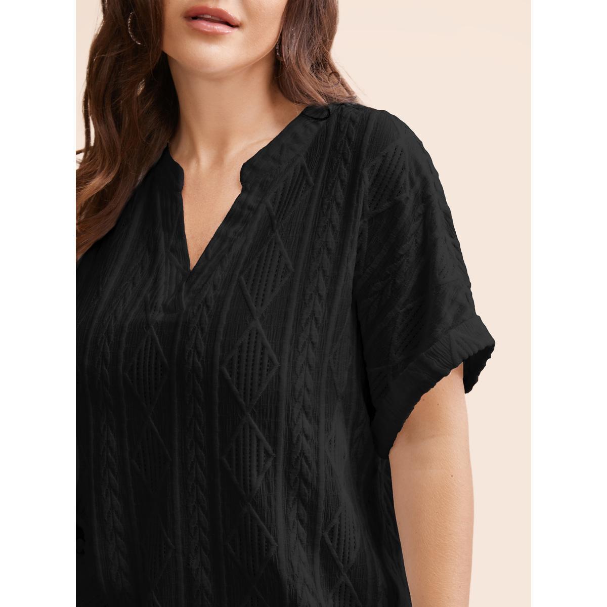 Plus Size Plain Jacquard Notched Dolman Sleeve T-shirt Black Women Elegant Texture Flat collar with V-notch Everyday T-shirts BloomChic 22-24/3X Product Image