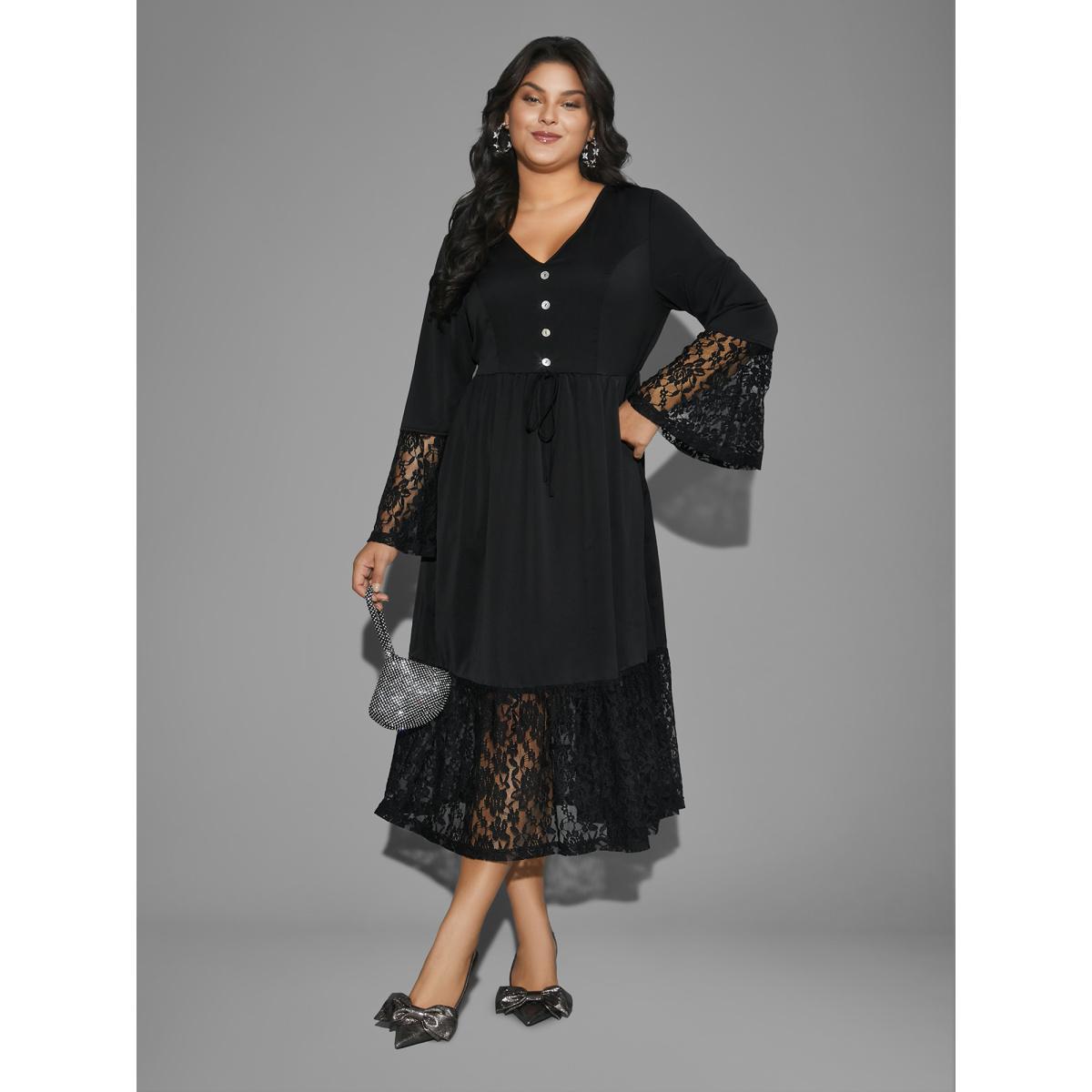 Plus Size Lace Patchwork Button Detail Tie Knot Dress Black Women Cocktail Woven ribbon&lace trim Party Curvy Bloomchic 28/5X Product Image