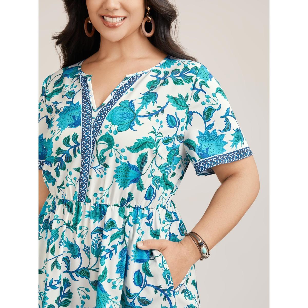 Plus Size Boho Print Notched Collar Midi Dress Teal Women Resort Non Flat collar with V-notch Short sleeve Curvy BloomChic 28/5X Product Image