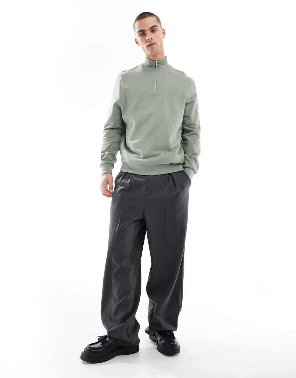 ASOS DESIGN essential sweatshirt with quarter zip in mid green Product Image