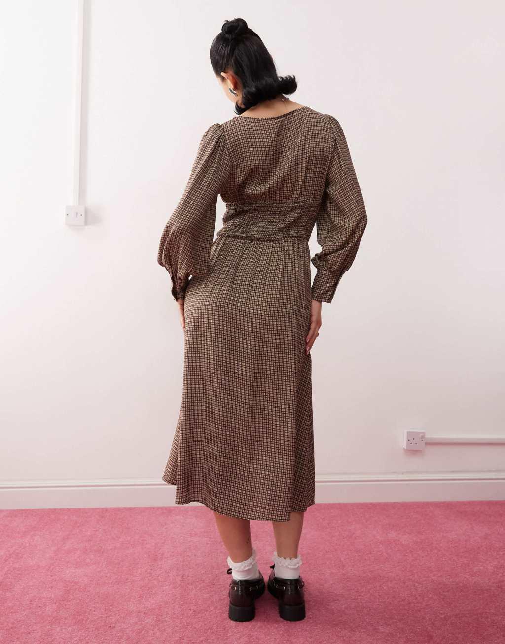 Reclaimed Vintage maxi smock dress with shirring in brown plaid Product Image