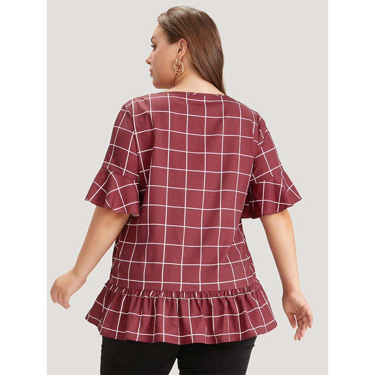 Plus Size Burgundy Plaid Frill Trim Bell Sleeve Flutter Hem Blouse Women Elegant Half Sleeve Round Neck Dailywear Blouses BloomChic 28/5X Product Image