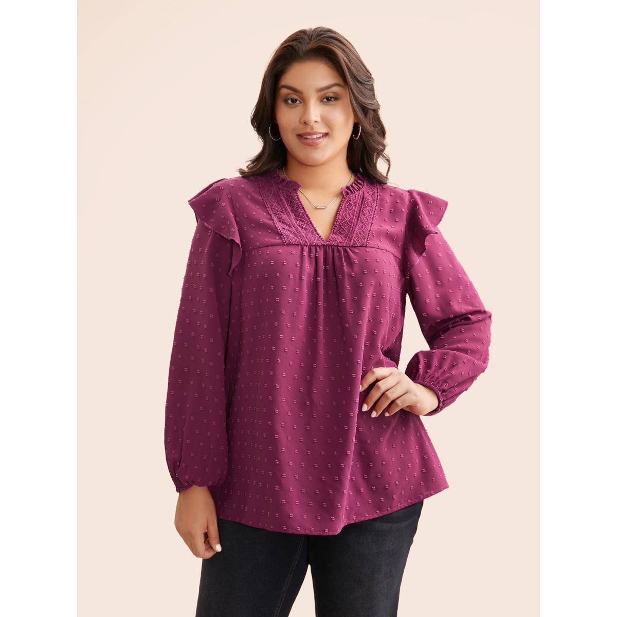 Plus Size RedViolet Texture Woven Ribbon Patchwork Ruffles Blouse Women Elegant Long Sleeve Flat collar with V-notch Everyday Blouses BloomChic 10/M Product Image