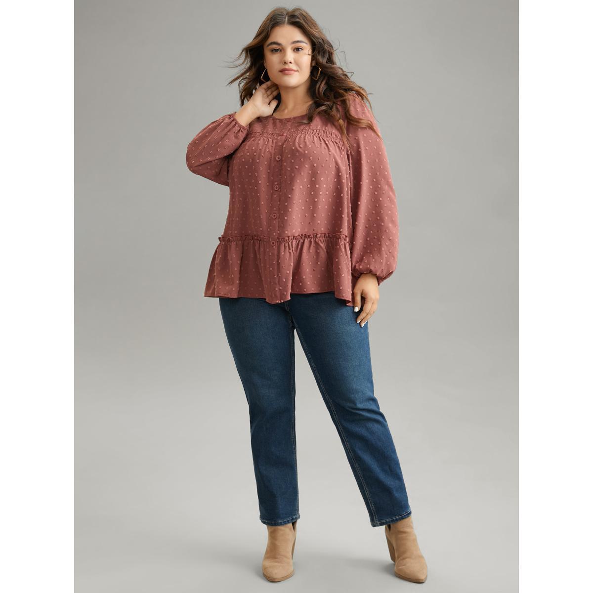 Plus Size Rust Textured Lantern Sleeve Gathered Frill Trim Blouse Women Casual Long Sleeve Round Neck Vacation Blouses BloomChic 26/4X Product Image