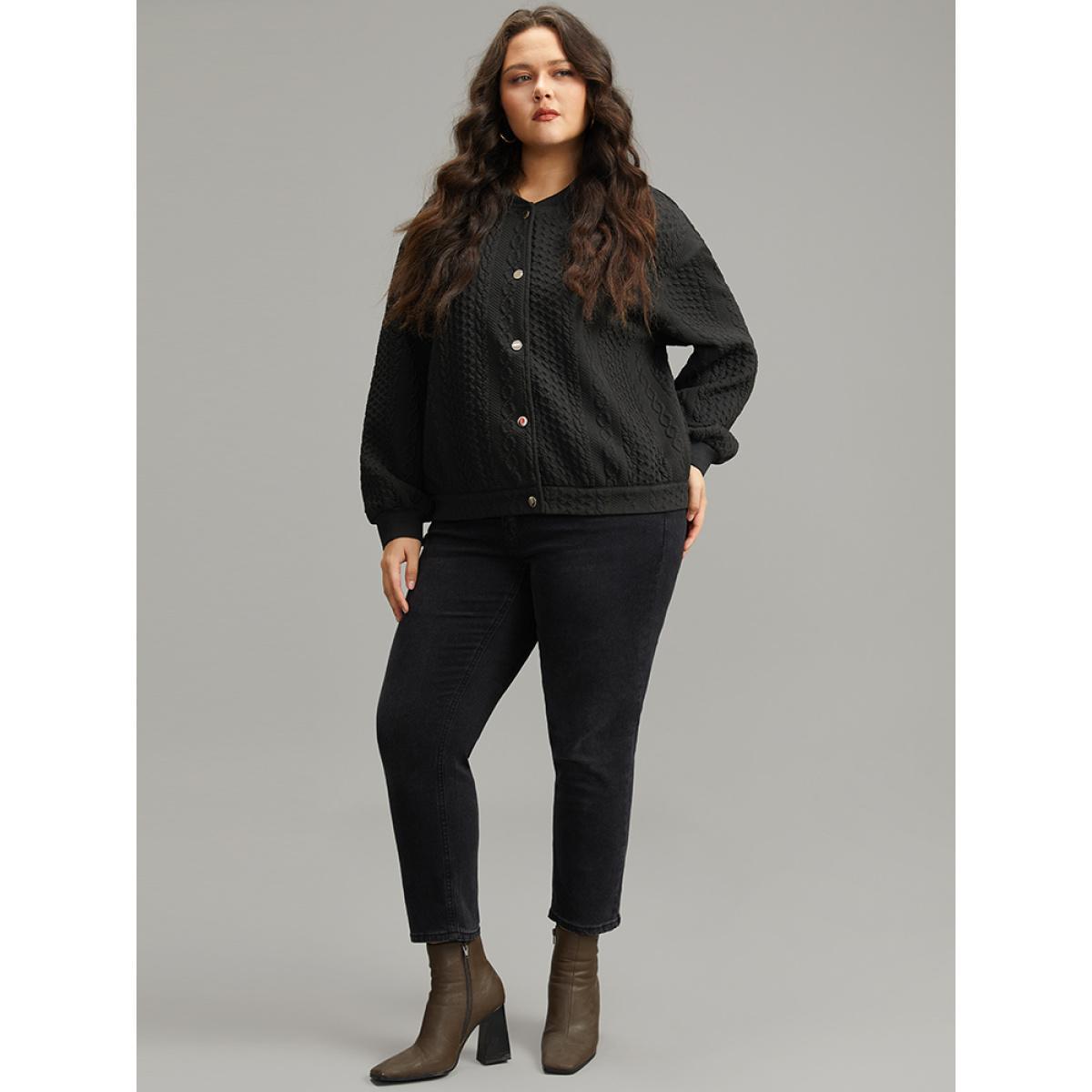 Plus Size Plain Texture Button Through Jacket Women Black Elastic cuffs Dailywear Jackets BloomChic 12/L Product Image
