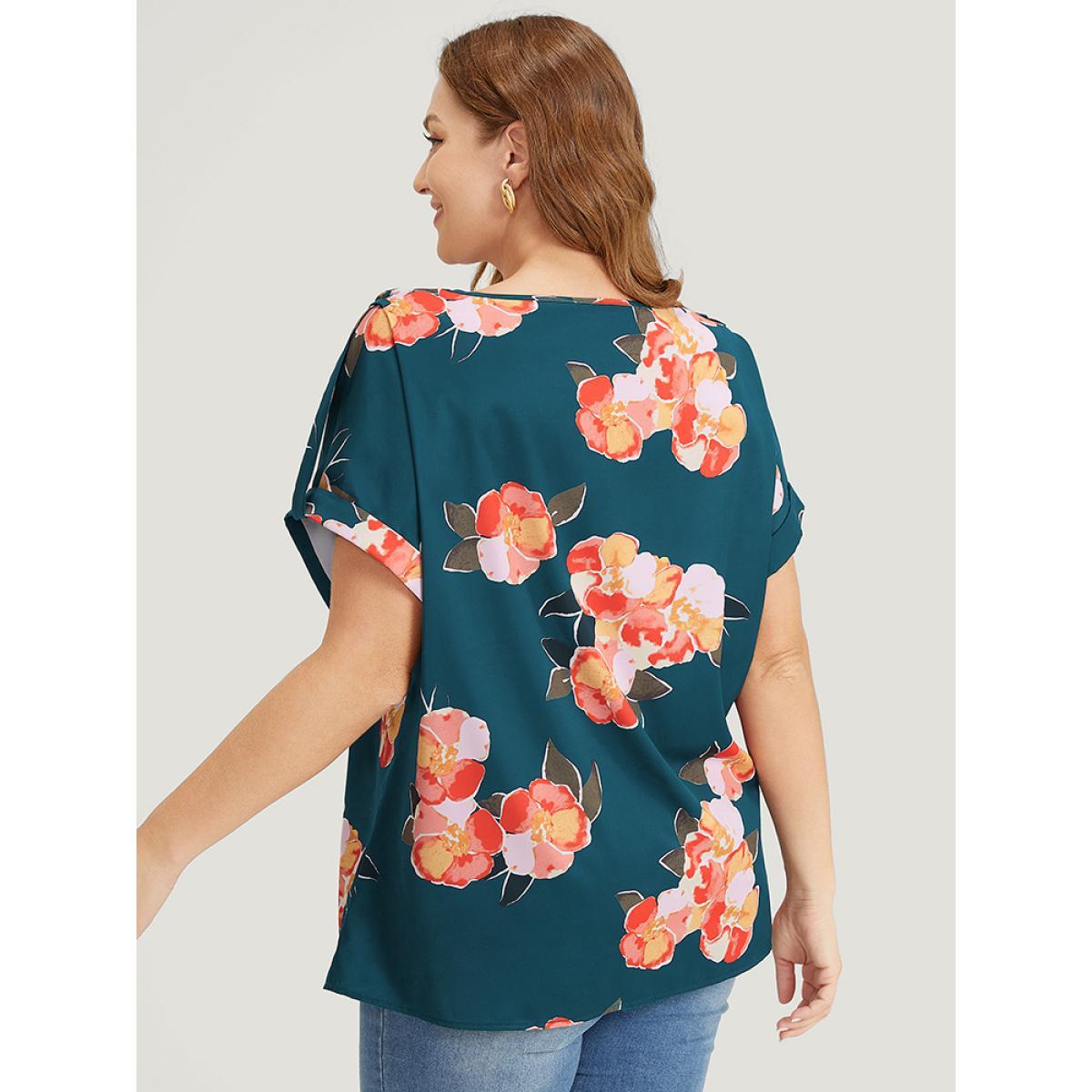 Plus Size Cyan Floral Printed Roll Tab Sleeve Blouse Women Elegant Short sleeve Round Neck Dailywear Blouses BloomChic 26/4X Product Image
