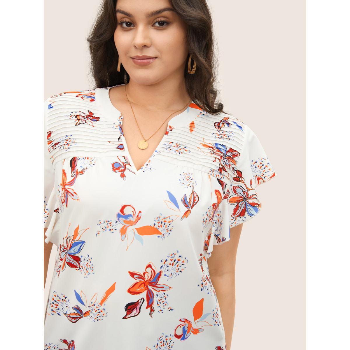 Plus Size Multicolor Floral Pleated Ruffle Cap Sleeve Blouse Women Elegant Cap Sleeve V-neck Everyday Blouses BloomChic 28/5X Product Image