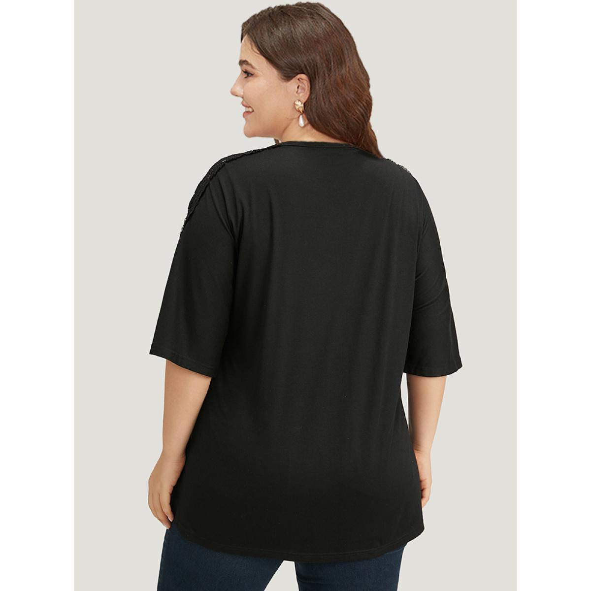 Plus Size Halloween Supersoft Essentials Plain Lace Panel Open Front Kimono Women Black Casual Plain Dailywear Kimonos BloomChic 30/6X Product Image