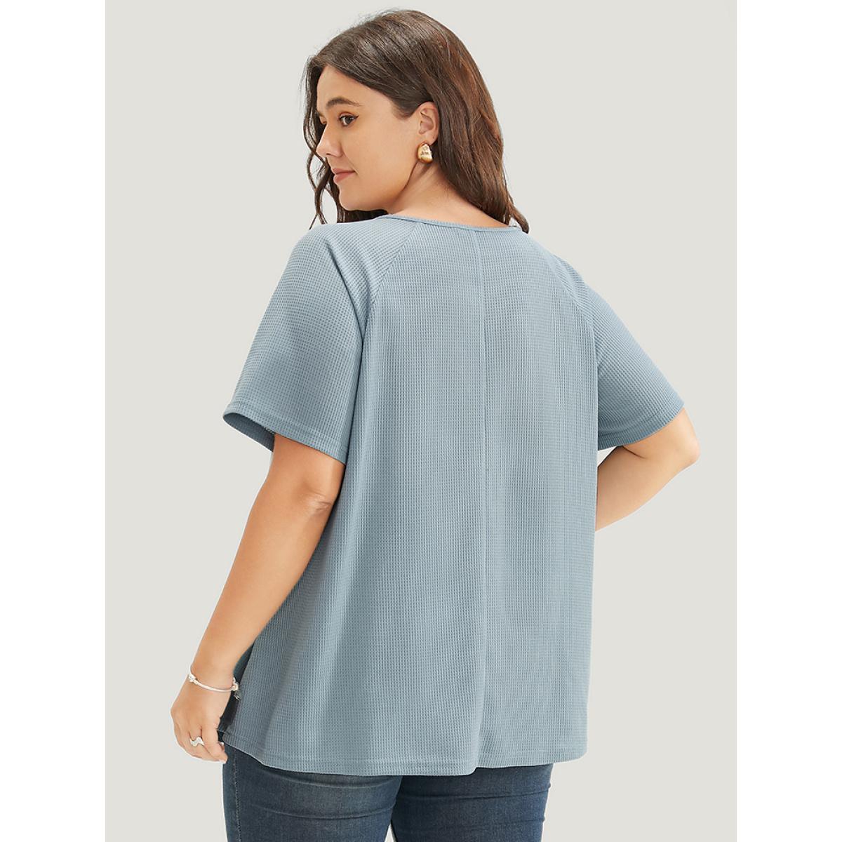 Plus Size Solid Raglan Sleeve Contrast Lace Waffle Knit T-shirt Stone Women Elegant Plain V-neck Dailywear T-shirts BloomChic 14-16/1X Product Image