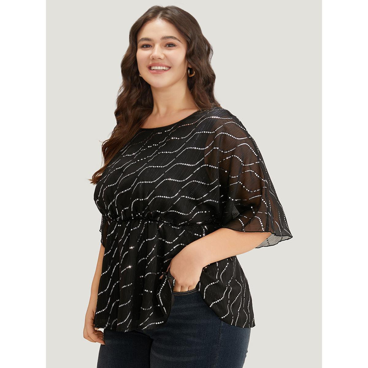 Plus Size Black Chiffon Rhinestone Mesh Patchwork Elastic Waist Blouse Women Glamour Half Sleeve Round Neck Going out Blouses BloomChic 18-20/2X Product Image