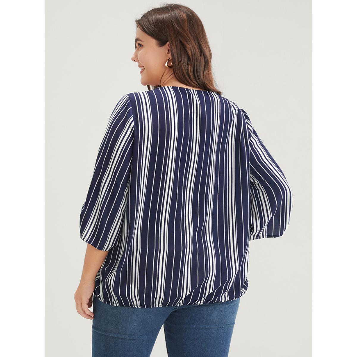 Plus Size DarkBlue Striped Button Cuffed Sleeve Wrap Blouse Women Vacation Short sleeve V-neck Dailywear Blouses BloomChic 30/6X Product Image