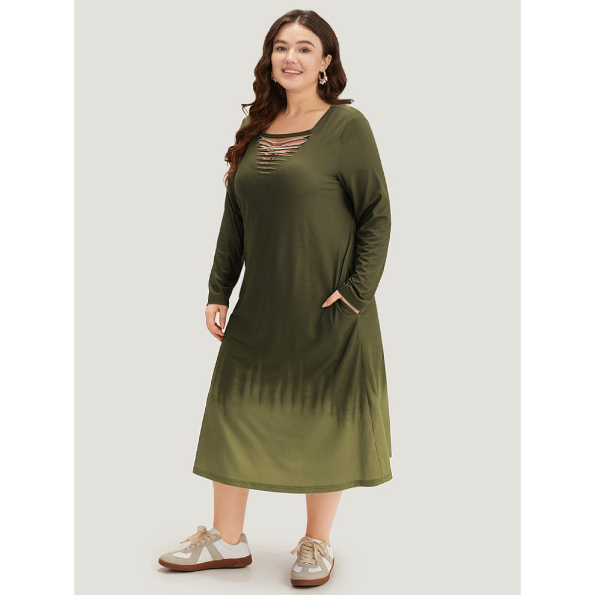 Plus Size Tie Dye Pocket Round Neck Cut Out Dress ArmyGreen Women Casual Tie Dye Round Neck Long Sleeve Curvy Midi Dress BloomChic 30/6X Product Image