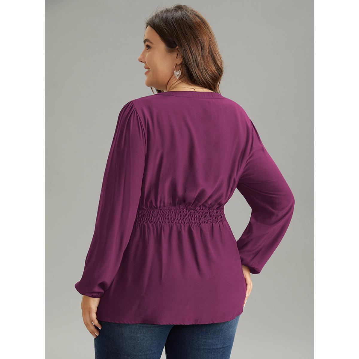 Plus Size RedViolet Solid Frill Trim Shirred Flutter Hem Blouse Women Elegant Long Sleeve Notched collar Dailywear Blouses BloomChic 28/5X Product Image