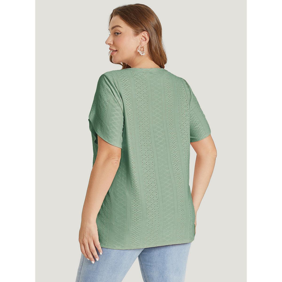 Plus Size Solid Broderie Anglaise Split Sleeve T-shirt Mint Women Elegant Slit Plain V-neck Dailywear T-shirts BloomChic 12/L Product Image