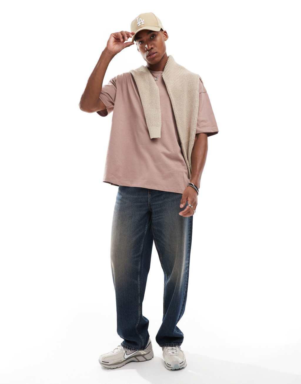 ASOS DESIGN essential 2 pack oversized t-shirts in brown and pink Product Image