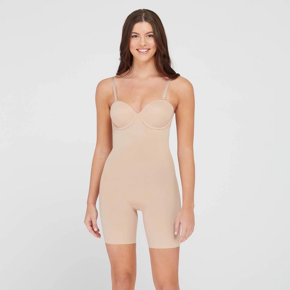 ASSETS by SPANX Womens Flawless Finish Strapless Cupped Midthigh Bodysuit - Beige 1X: Medium Control Knit Shapewear Product Image