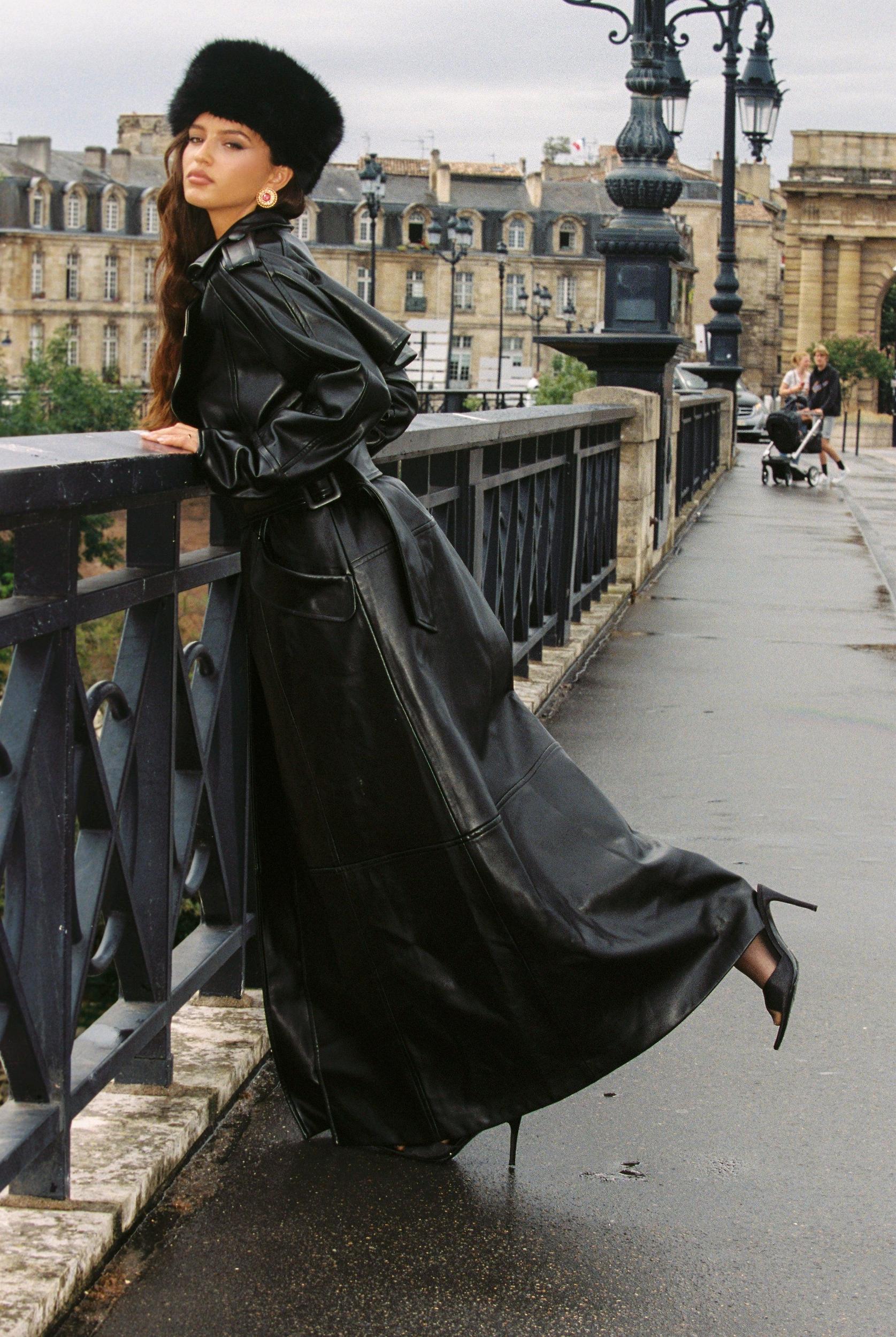 Cara Leather Trench Coat (Black) (Final Sale) Product Image