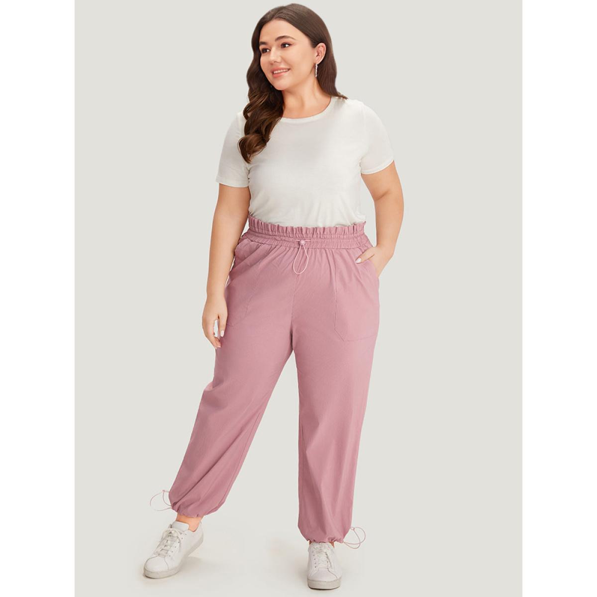 Plus Size Plain Paperbag Waist Drawstring Hem Slant Pocket Pants Women Rouge Casual High Rise Dailywear Pants BloomChic 14-16/1X Product Image