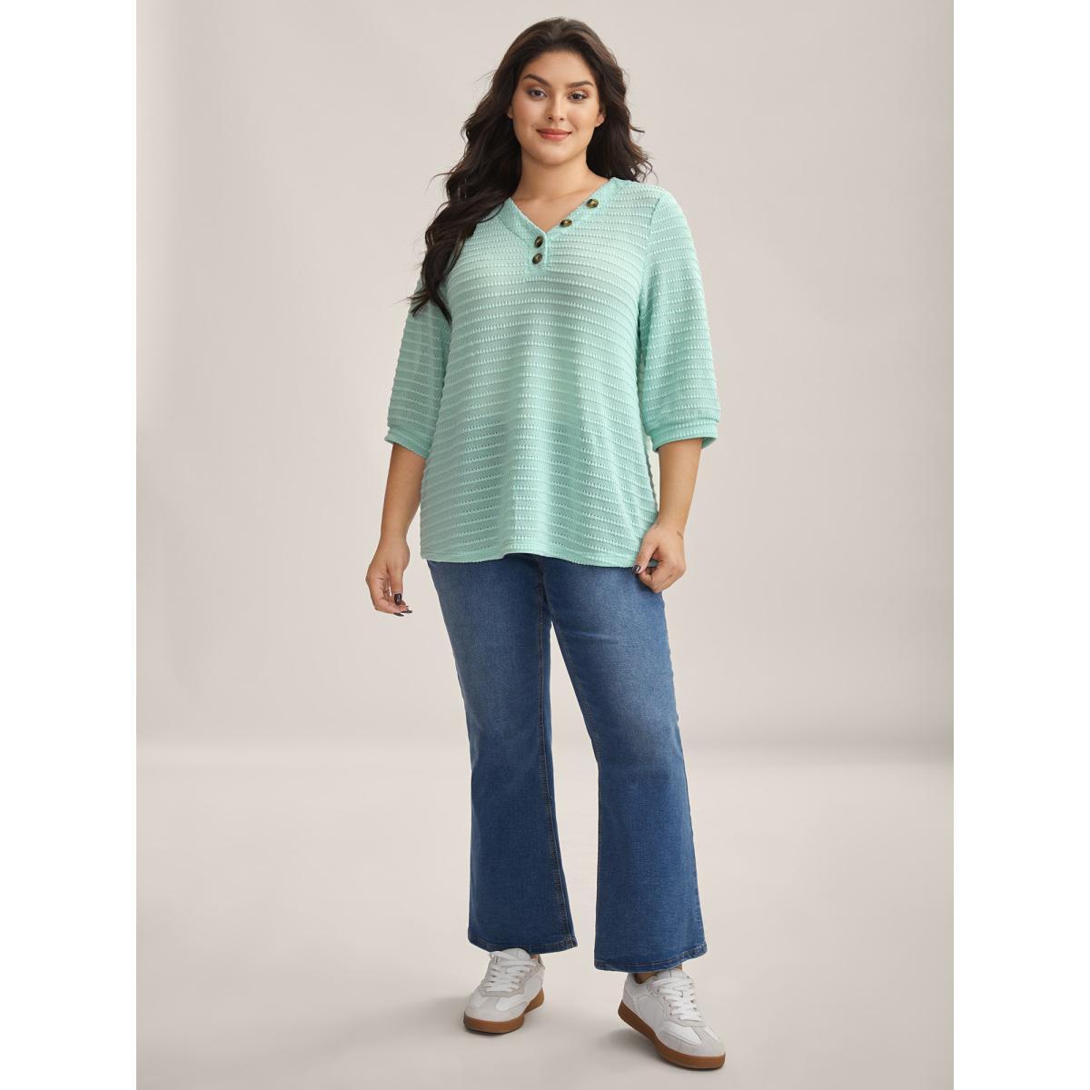 Plus Size Waffle-Grid Button Detail T-Shirt Mint Women Texture V-neck Everyday-Casual T-shirts BloomChic 12/L Product Image