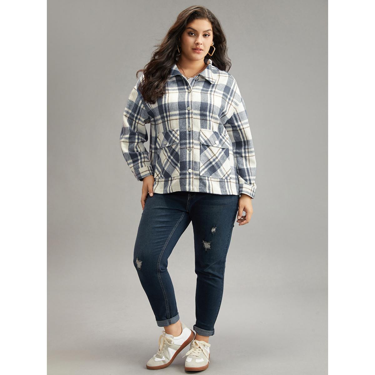 Plus Size Plaid Lapel Collar Metal Detail Pocket Shacket Women DarkBlue Casual Contrast Ladies Everyday Winter Coats BloomChic 14-16/1X Product Image