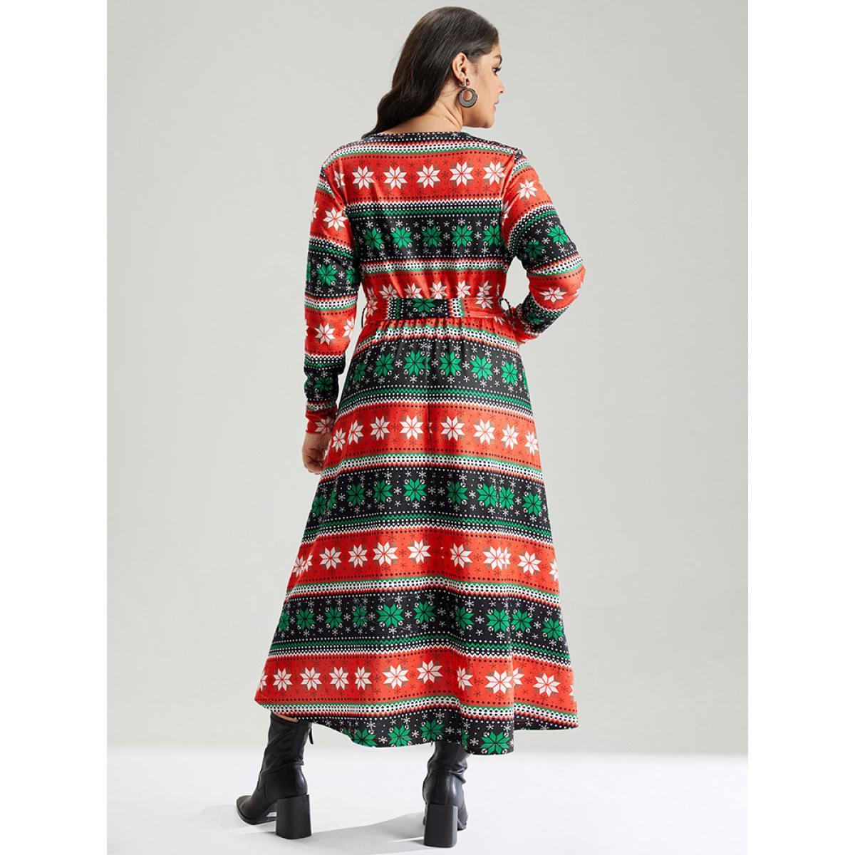 Plus Size Snowflake Print Contrast Belted Surplice Neck Dress Multicolor Women Elegant Wrap Overlap Collar Long Sleeve Curvy Midi Dress BloomChic 18-20/2X Product Image