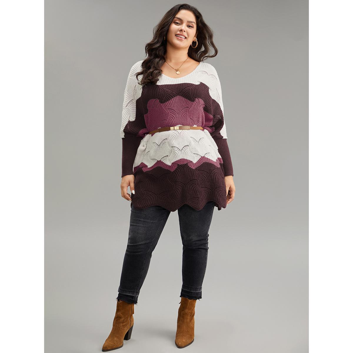 Plus Size Contrast Cut Out Batwing Sleeve Pullover RedViolet Women Casual Loose Long Sleeve V-neck Everyday Pullovers BloomChic 14-16/1X Product Image