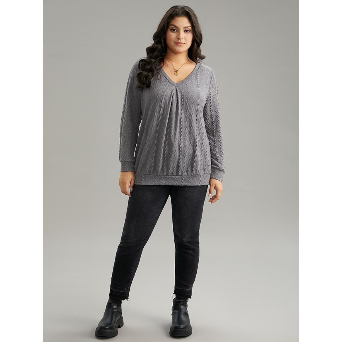 Plus Size Plain Geometric Textured Plicated Detail Sweatshirt Women Gray Casual Texture V-neck Dailywear Sweatshirts BloomChic 14-16/1X Product Image