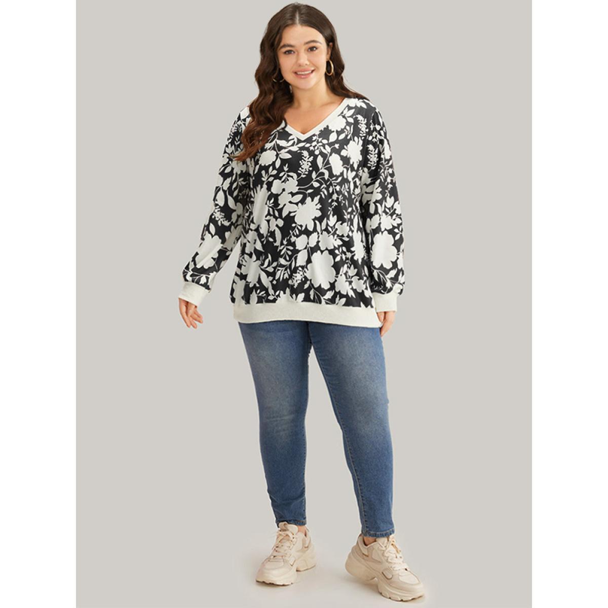 Plus Size Silhouette Floral Print Contrast Trim V Neck Sweatshirt Women DarkBlue Casual Elastic cuffs V-neck Dailywear Sweatshirts BloomChic 10/M Product Image