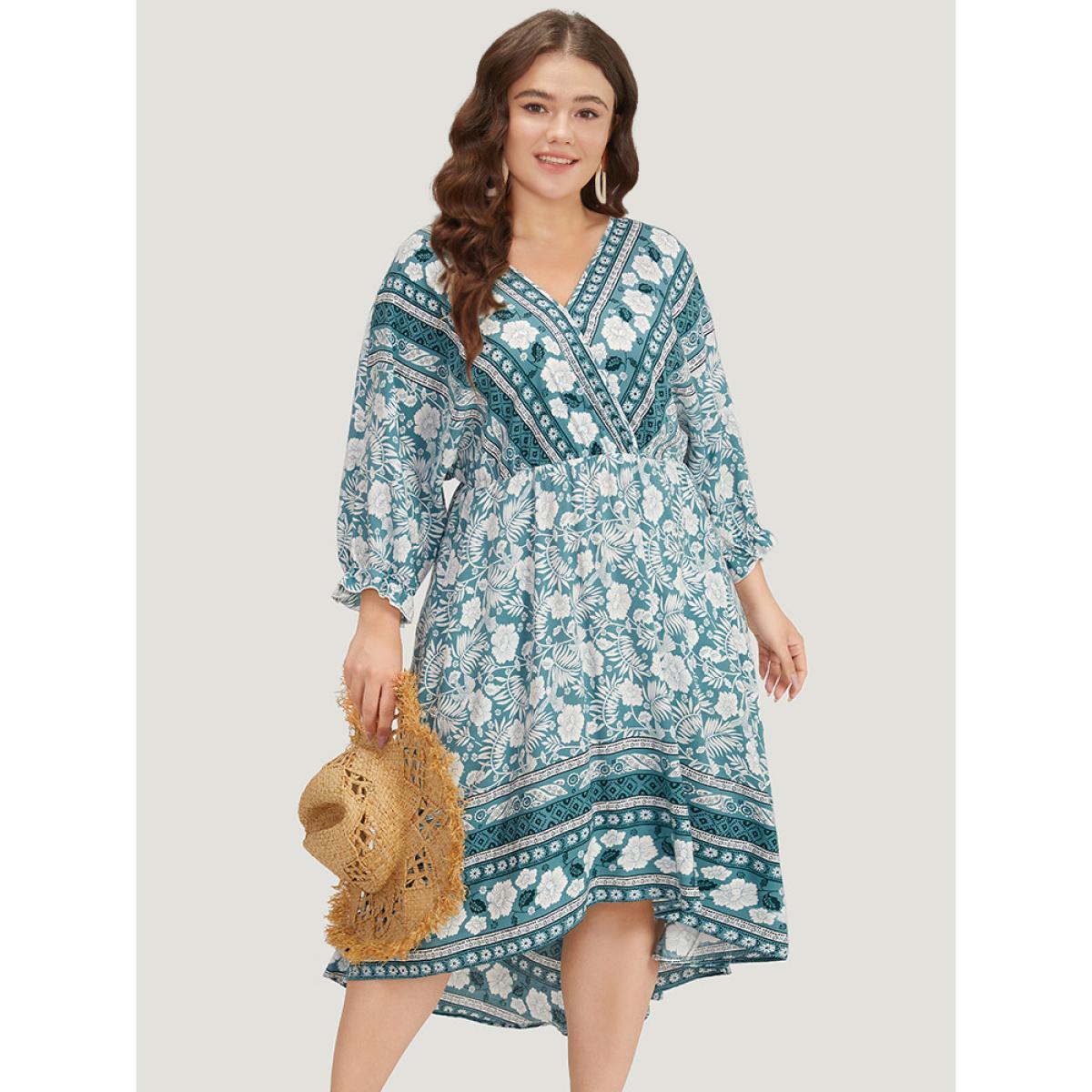 Plus Size Floral Print Pocket Surplice Neck Ruffle Trim Dress Turquoise Women Vacation Elastic cuffs V-neck Elbow-length sleeve Curvy Midi Dress BloomChic 28/5X Product Image