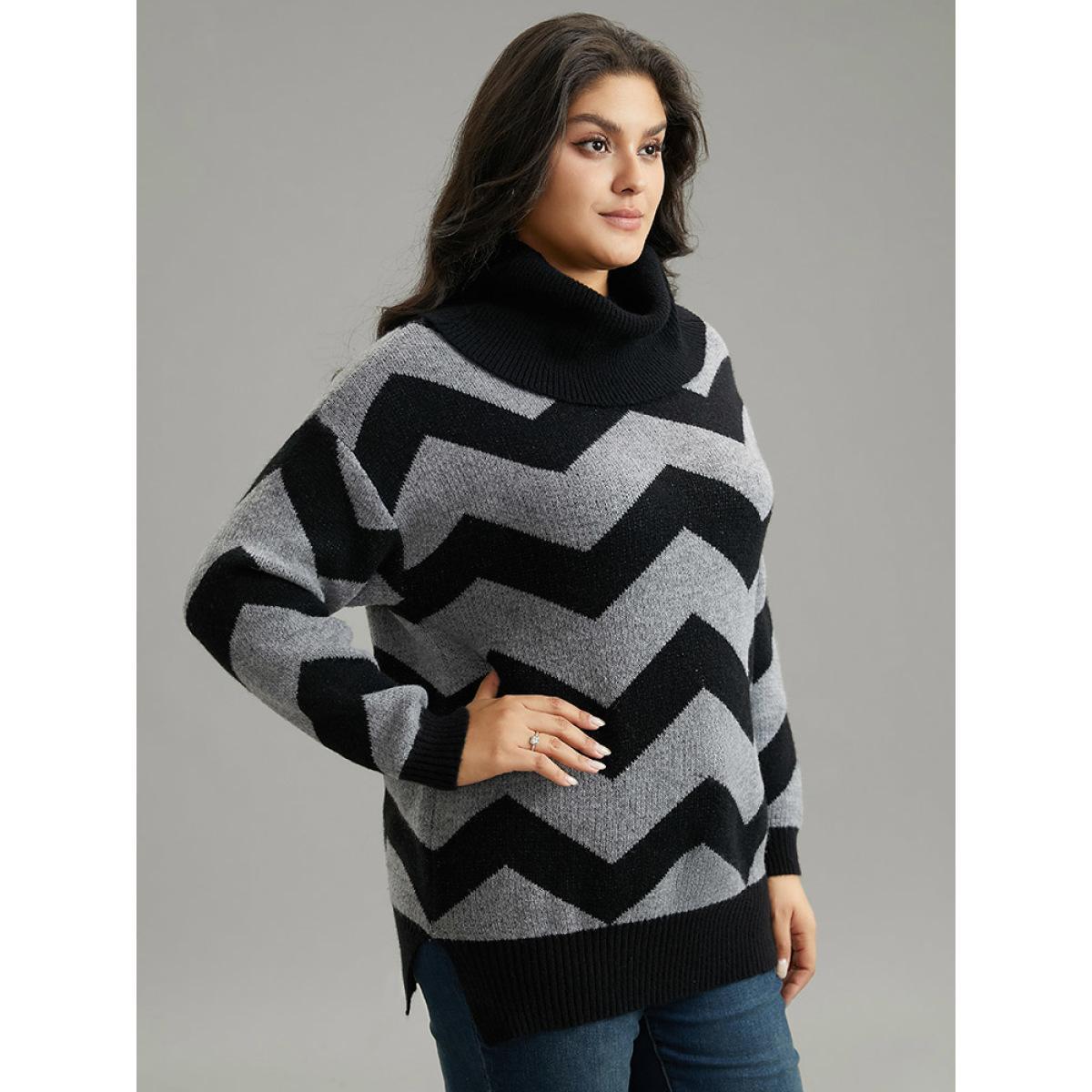 Plus Size Geo Striped Turtle Neck Drop Shoulder Pullover Black Women Casual Loose Long Sleeve Turtleneck Dailywear Pullovers BloomChic 22-24/3X Product Image