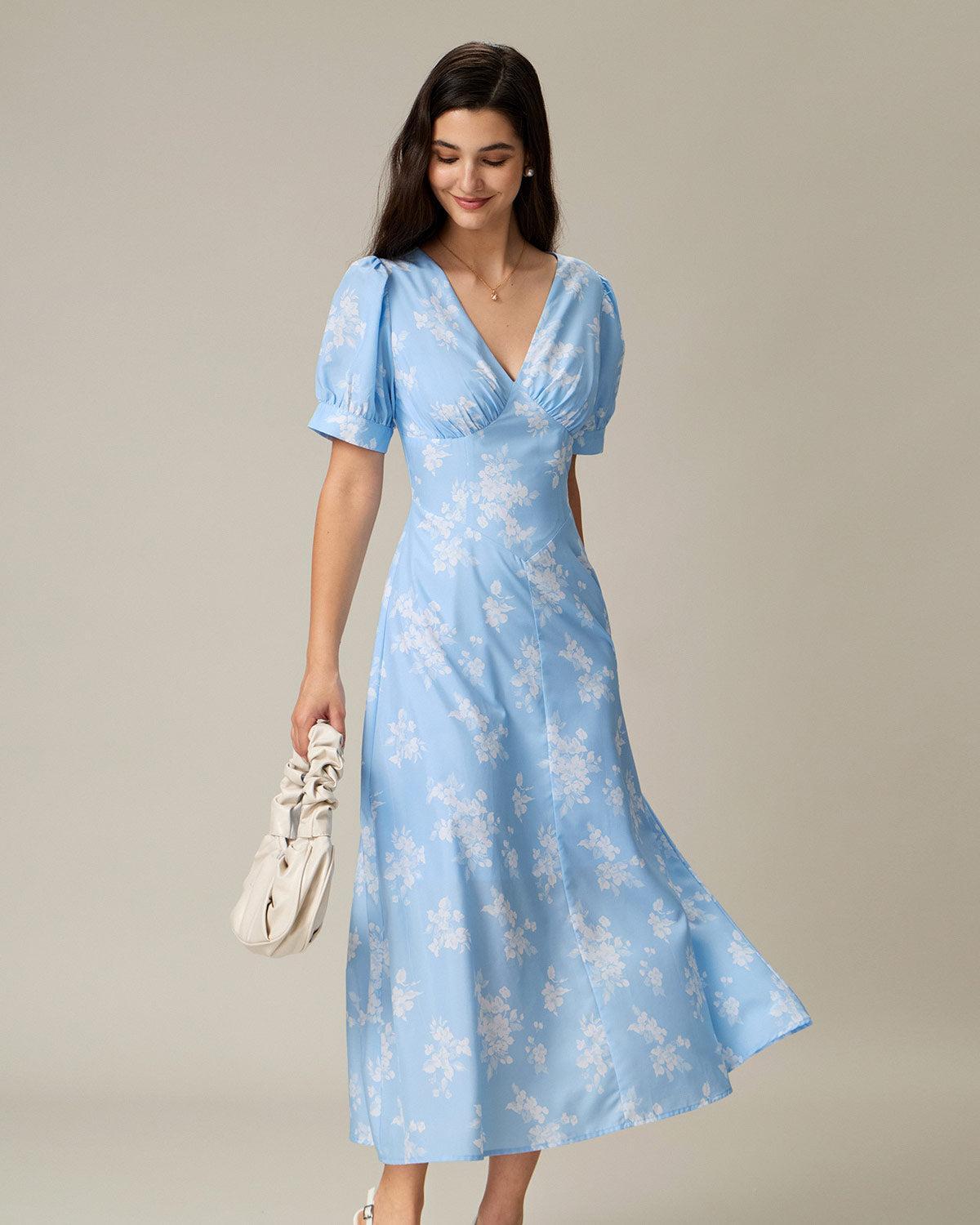 Blue Floral Puffed Sleeve Ruched Midi Dress Product Image