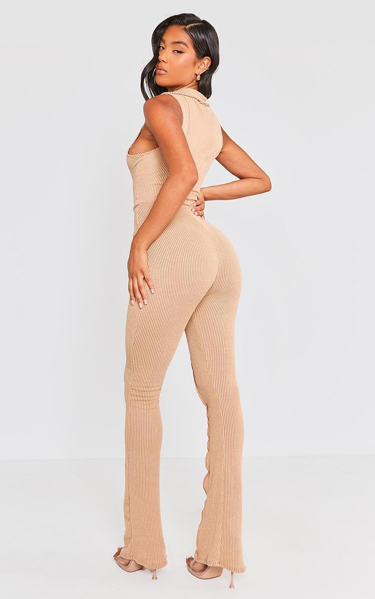 Beige Thick Rib Zip Front Collar Detail Jumpsuit Product Image