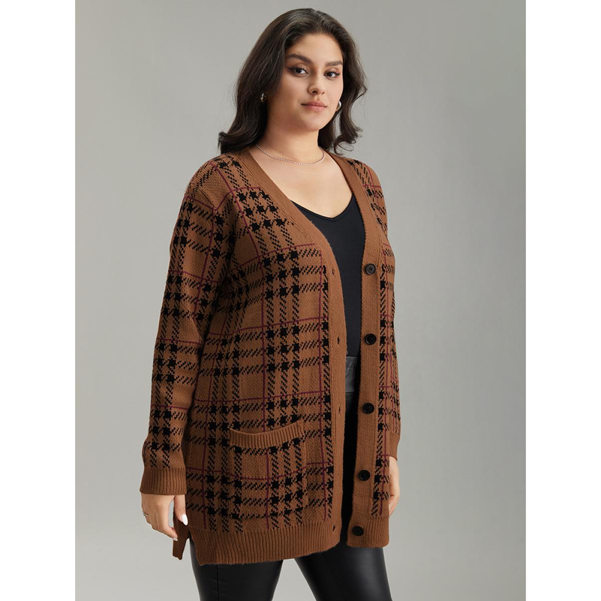 Plus Size Plaid & Houndstooth Print Patched Pocket Cardigan DarkBrown Women Casual Loose Long Sleeve Dailywear Cardigans BloomChic 10/M Product Image