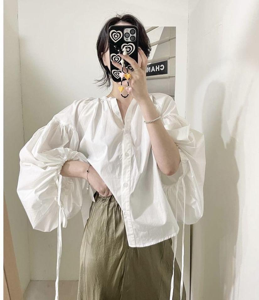 Puff-Sleeve Plain Shirt Product Image