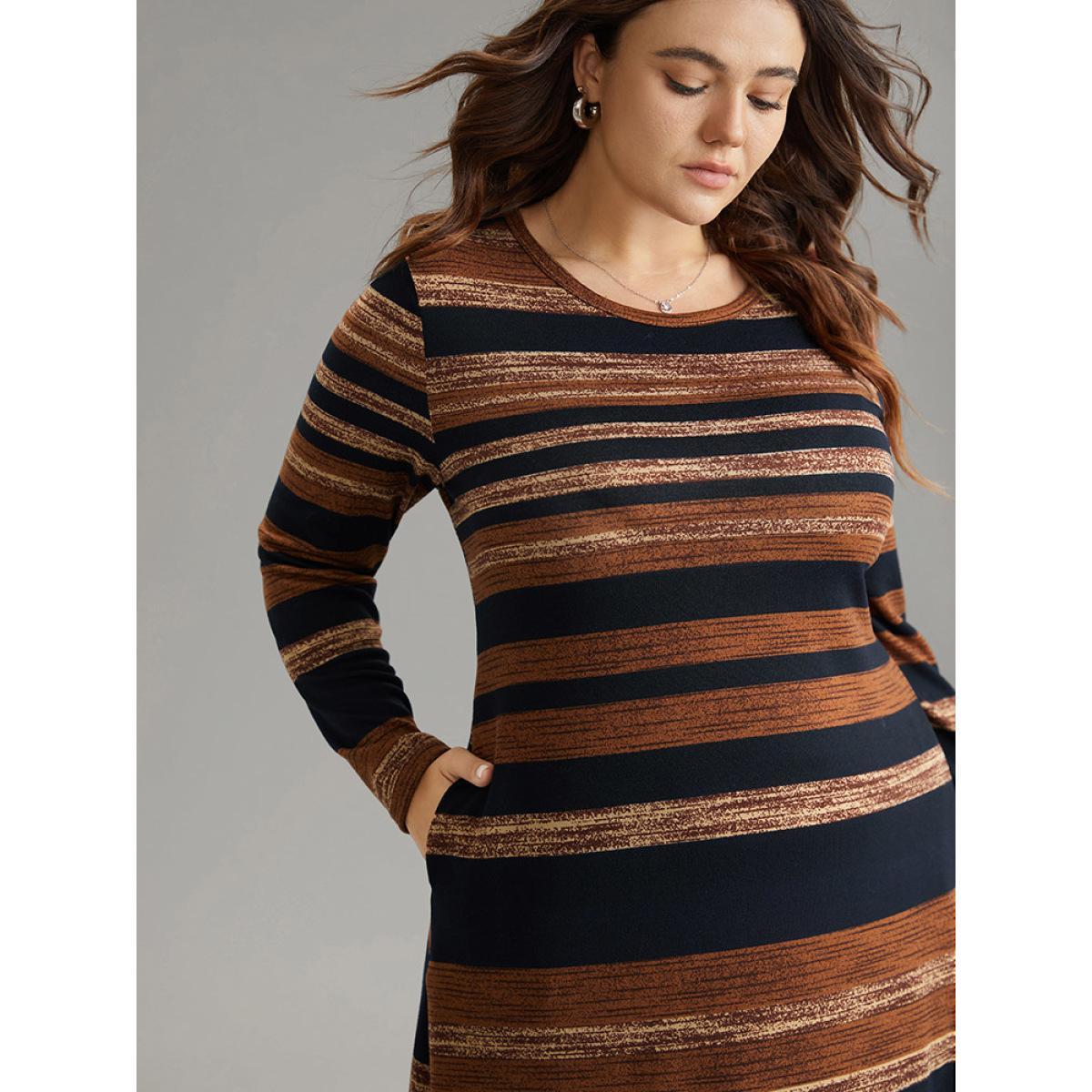 Plus Size Striped Contrast Elastic Waist Crew Neck Knit Dress DarkBrown Women Casual Printed Round Neck Long Sleeve Curvy Midi Dress BloomChic 18-20/2X Product Image