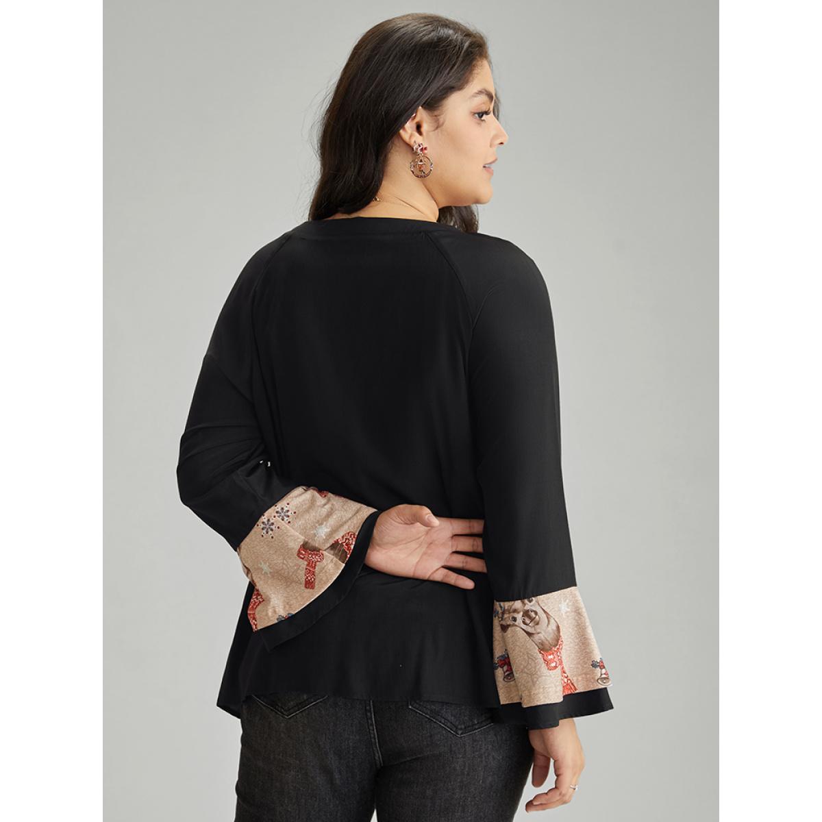 Plus Size Black Christmas Print Ruffles Patchwork Bell Sleeve Lace Up Blouse Women Elegant Long Sleeve Tie Neck Festival-Christmas Blouses BloomChic 30/6X Product Image