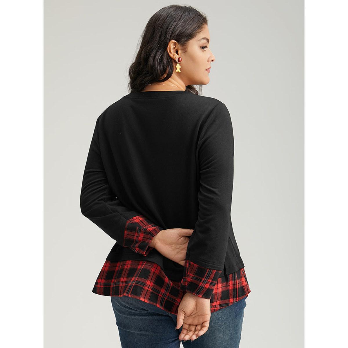 Plus Size Plaid Patchwork Button Detail Curved Hem Sweatshirt Women Black Casual Contrast Round Neck Festival-Christmas Sweatshirts BloomChic 14-16/1X Product Image