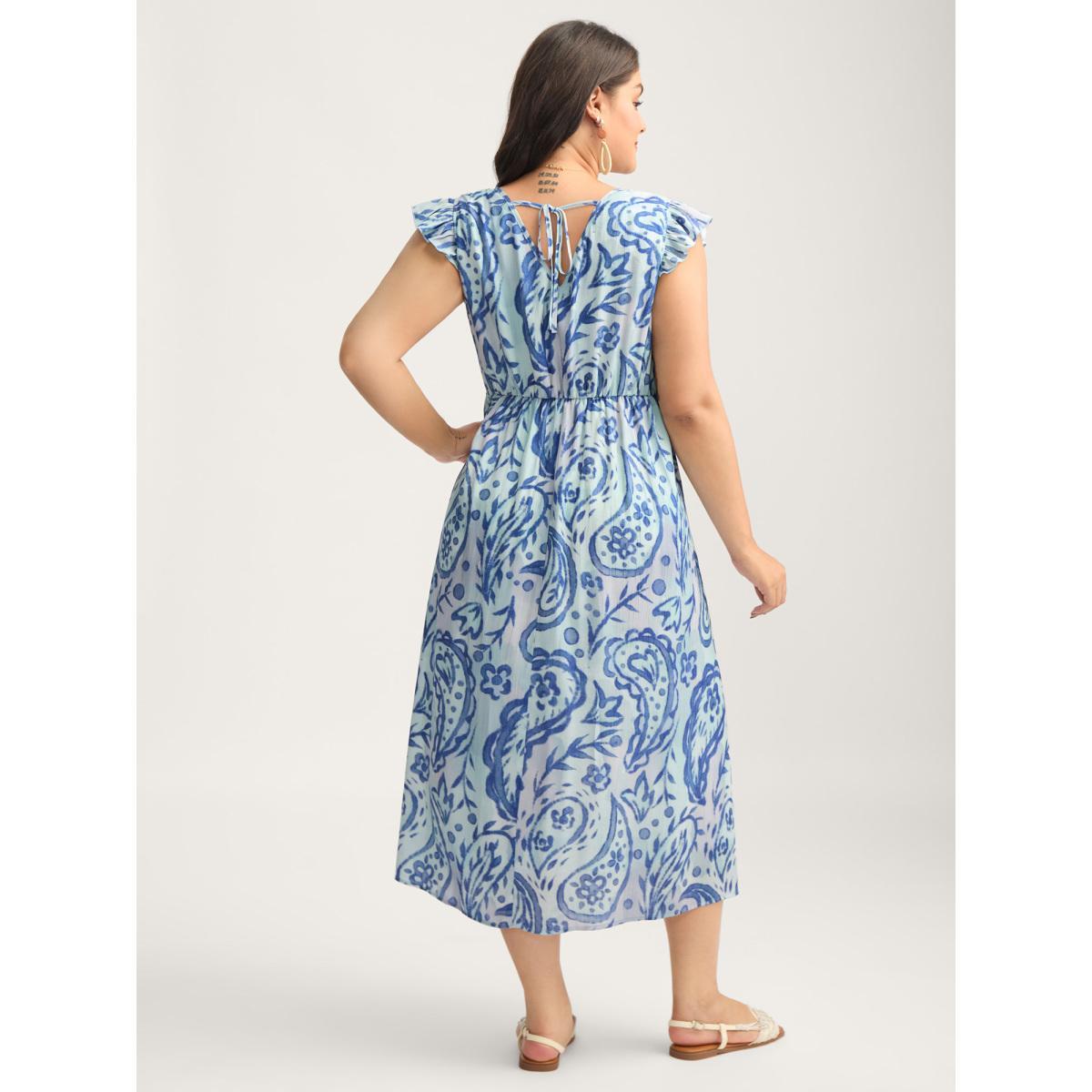 Plus Size Paisley Print Ombre Back-Tie Midi Dress Mediumblue Women V-neck Cap Sleeve Curvy BloomChic 28/5X Product Image