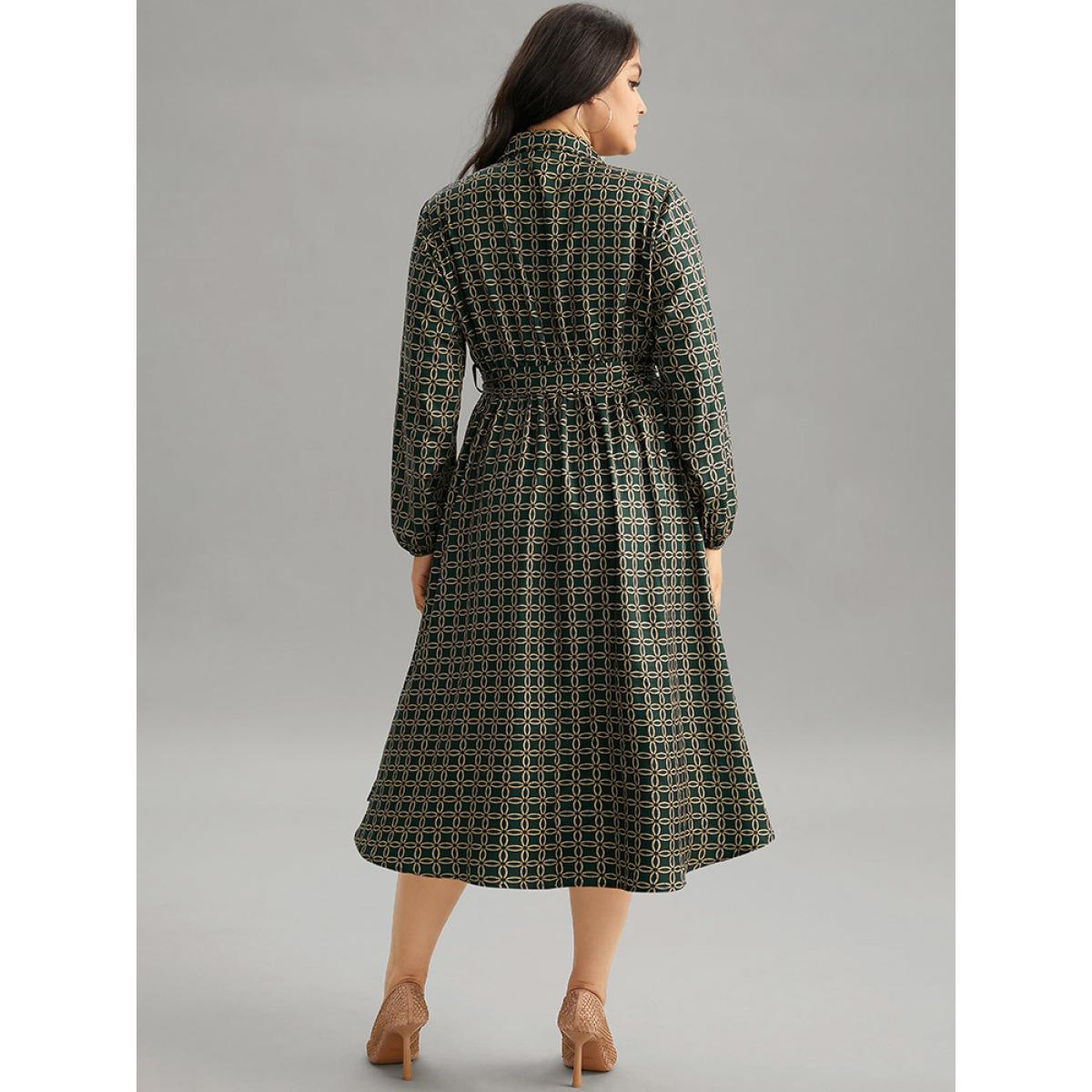 Plus Size Geometric Belted Curved Hem Lantern Sleeve Dress Cyan Women Office Elastic cuffs Shirt collar Long Sleeve Curvy Midi Dress BloomChic 28/5X Product Image