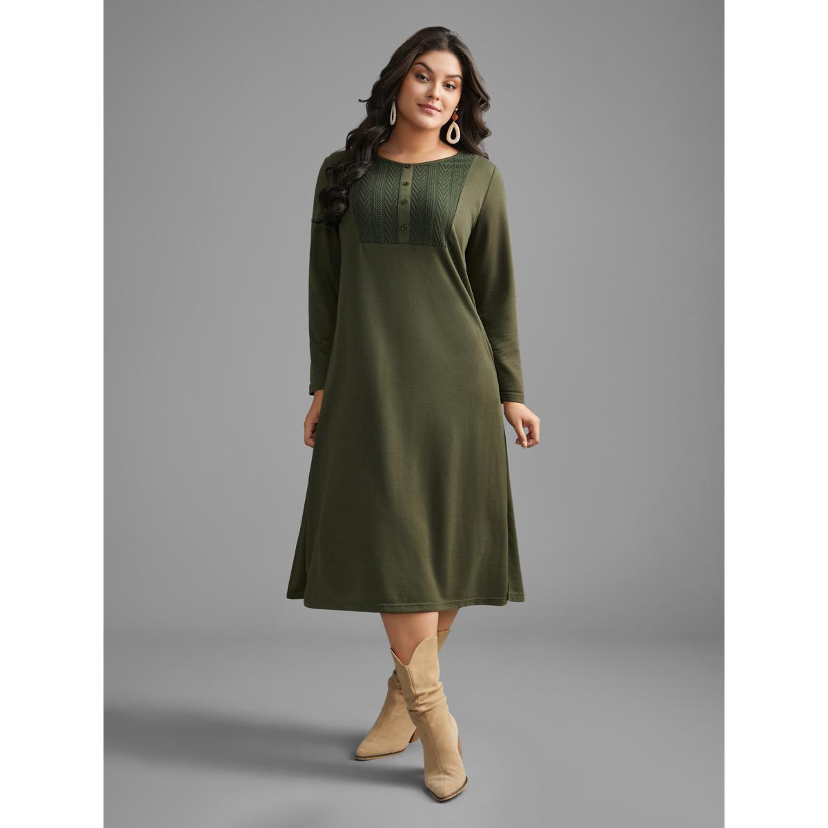 Plus Size Textured Patchwork Button Detail Midi Dress Sage Women Casual Texture Round Neck Long Sleeve Curvy BloomChic 22-24/3X Product Image