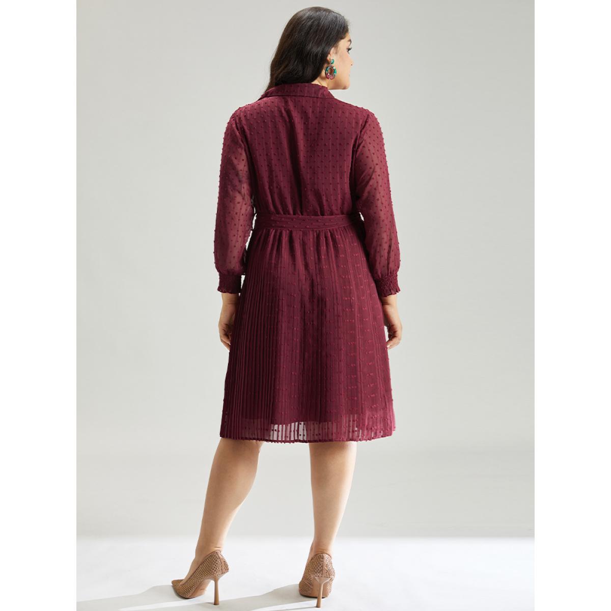Plus Size Plain Textured Shirt Collar Gathered Belted Dress Scarlet Women Office Elastic cuffs Shirt collar Long Sleeve Curvy Midi Dress BloomChic 14-16/1X Product Image