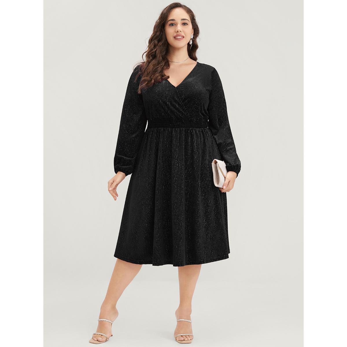 Plus Size Glitter Lantern Sleeve Surplice Neck Shirred Dress Black Women Party Plain V-neck Long Sleeve Curvy Knee Dress BloomChic 26/4X Product Image